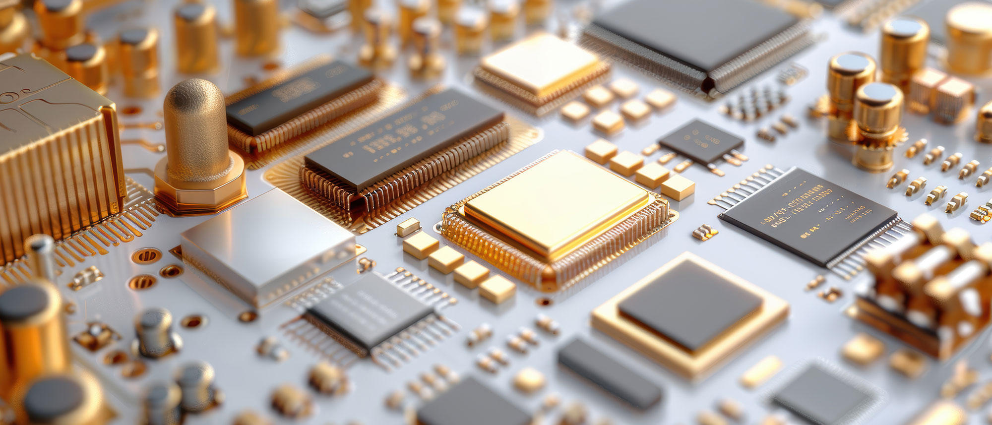 close view of a computer board with gold components
